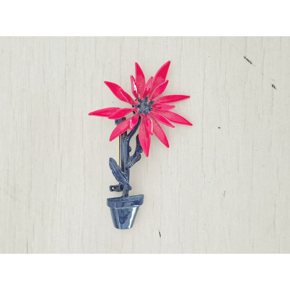 Vintage Hot Pink and Blue 1960s Enameled Flower Brooch